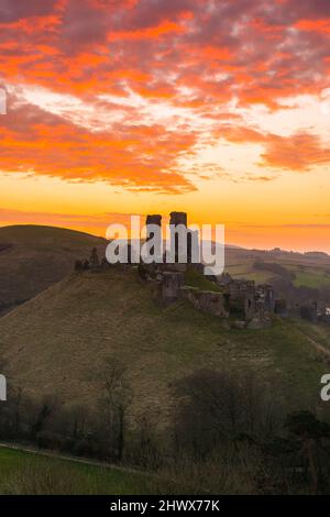 Corfe Castle Dorset, Royaume-Uni. 8th mars 2022. Météo Royaume-Uni. Un lever de soleil spectaculaire tandis que les nuages brillent orange au-dessus des ruines du château de Corfe à Dorset, un matin froid et venteux. Crédit photo : Graham Hunt/Alamy Live News Banque D'Images