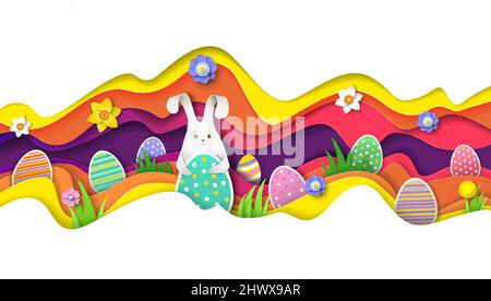 Adorable lapin, œufs de Pâques sur fond ondulé de couleur, illustration de papier vectoriel coupé. Modèle de bannière chasse aux œufs. Illustration de Vecteur
