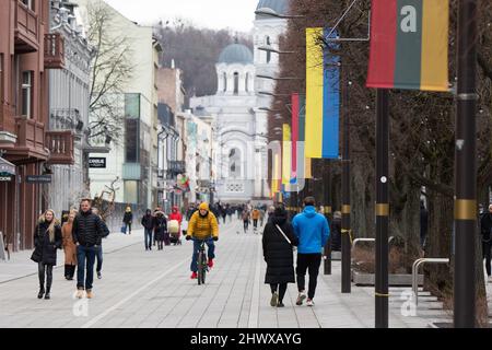 Photo montrant l'Ukraine et les drapeaux lituaniens volant le long de la rue principale Laisves Aleja ( avenue de la liberté ).le plus grand investissement lituanien en Russie est la fermeture. L'usine de transformation alimentaire de Kaliningrad appartient au groupe Vičiūnai. Le groupe est détenu par le maire de Kaunas, Visvaldas Matijošaitis. Kaunas est la deuxième plus grande ville de Lituanie après Vilnius et un centre important de la vie économique, académique et culturelle lituanienne. Kaunas est l'une des trois villes de la culture européenne 2022. Image garyroberts/worldwidefeatures.com Banque D'Images