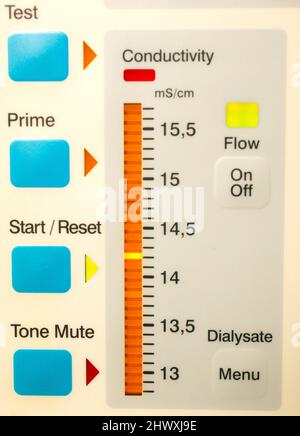 Gros plan sur une machine de dialyse. La machine de dialyse rénale agit comme un rein artificiel et élimine les déchets et l'excès de liquide du sang. A Banque D'Images