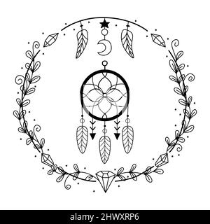 Dreamcatcher dessin à la main Doodle illustration. Talisman de protection en astrologie et en acculétisme. Temps magique. Illustration de Vecteur