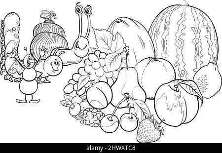 Dessin animé noir et blanc illustration de personnages d'insectes amusants et escargot avec la page de livre de coloriage de fruits frais Illustration de Vecteur