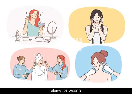Ensemble de filles heureux profiter spa ou de procédures de soin de routine de la peau de cosmétologie. Collection de femmes prendre soin de la peau du visage, faire le traitement cosmétique de beauté. Concept de dermatologie. Illustration vectorielle. Illustration de Vecteur