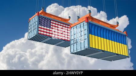 Conteneurs de marchandises avec drapeaux nationaux des États-Unis et de l'Ukraine. 3D rendu Banque D'Images