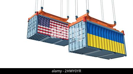 Conteneurs de marchandises avec drapeaux nationaux des États-Unis et de l'Ukraine. 3D rendu Banque D'Images