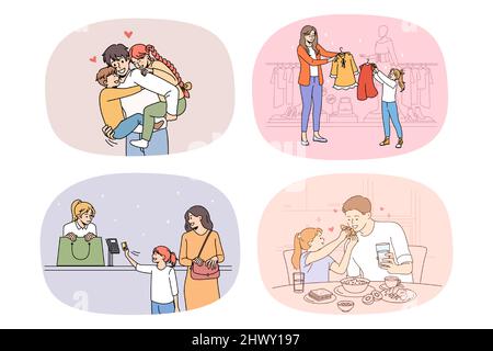 Collection de jeunes parents amoureux heureux ont plaisir passer du temps de week-end avec les petits enfants. Ensemble de maman et papa souriant passez des journées avec de petits enfants. Unité familiale et parentalité. Illustration vectorielle. Illustration de Vecteur