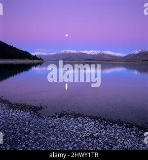 La lune se reflète dans le lac Tekapu au crépuscule, région de Canterbury, Île du Sud, Nouvelle-Zélande Banque D'Images
