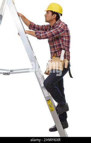 Grimpant jusqu'au sommet. Photo d'un homme de main qui escalade son échelle. Banque D'Images