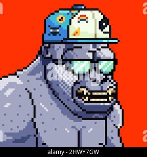 Personnage NFT pixel art Galactic APE. gorille 16 bits portant un costume et des accessoires. Jeu d'animaux coloré et dynamique. Illustration vectorielle de l'avatar Illustration de Vecteur