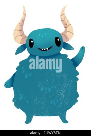 Mignon dessin animé corné bleu monstre. Illustration drôle de personnage pour enfants Banque D'Images