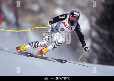 Katja SEIZINGER, GER, skieur, action descente, janvier 1996, Cortina dÄôAmpezzo, € Banque D'Images