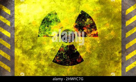 Panneau radioactif à l'énergie nucléaire, symbole jaune rond peint sur le mur, fond de texture. Avertissement d'alerte de rayonnement danger. Banque D'Images