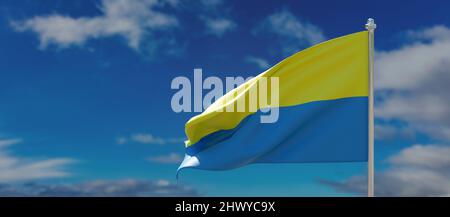 Drapeau de l'Ukraine. Signe national ukrainien agitant sur un poteau, ciel bleu avec fond de nuage, bannière. 3d rendu Banque D'Images