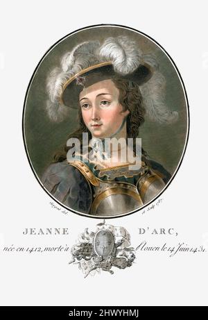 Jeanne d'Arc, 1412 -1431, alias Jeanne d'Arc, la Maid d'Orléans ou Jeanne la Pucelle. Héroïne française et Saint de l'église catholique. Après une oeuvre d'Antoine-François Sergent-Marceau dans l'édition 1792 de Portraits des Grands hommes, femmes illustres et sous-jets mémorables de France, graviers et imprimés en couleurs. Banque D'Images