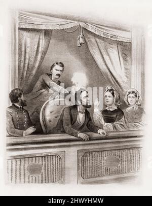 L'assassinat le 14 avril 1865 du président Abraham Lincoln par John Wilkes Booth au théâtre Ford, Washington, pendant la pièce notre cousin américain. Après une illustration contemporaine. Banque D'Images