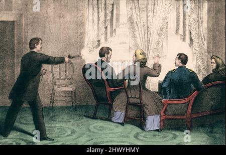 L'assassinat le 14 avril 1865 du président Abraham Lincoln par John Wilkes Booth au théâtre Ford, Washington, pendant la pièce notre cousin américain. Après une illustration contemporaine. Banque D'Images