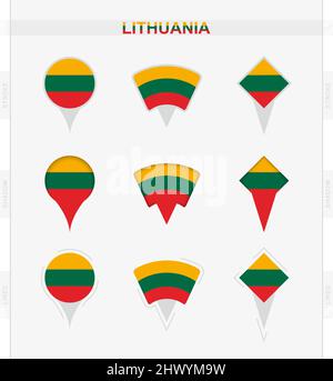 Drapeau de Lituanie, ensemble d'icônes de broches de localisation du drapeau de Lituanie. Illustration vectorielle des symboles nationaux. Illustration de Vecteur