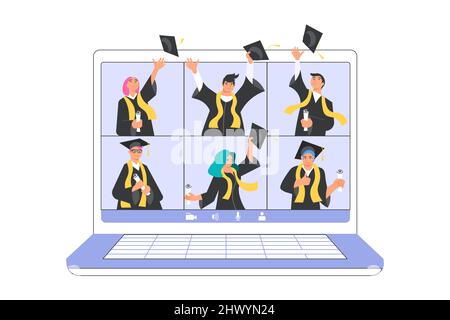 Ordinateur portable avec les étudiants portant une robe universitaire et une casquette de remise des diplômes Illustration de Vecteur