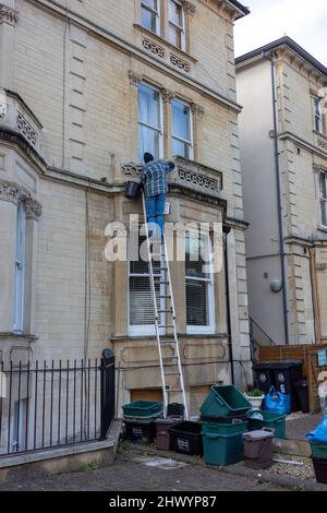 Homme en haut d'une échelle pour réparer des briques sur une maison (Mar 22) Banque D'Images