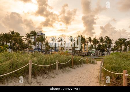 Miami Beach, États-Unis - 10 septembre 2019 : Ocean Drive à Miami Beach au coucher du soleil. Horizon de la ville avec palmiers au crépuscule. Art déco sur South Beach Banque D'Images