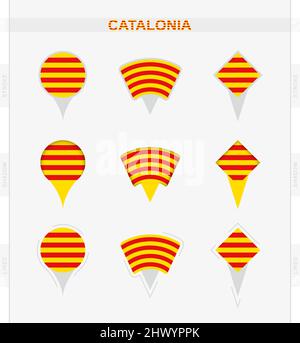 Drapeau de Catalogne, ensemble d'icônes de localisation de drapeau de Catalogne. Illustration vectorielle des symboles nationaux. Illustration de Vecteur