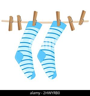 Chaussettes accrochées à la corde à linge.chaussettes bleues rayées sur la corde à linge.chaussettes en coton ou en laine sèches et suspendues à la corde à linge avec une épingle à linge.icône de séchage de linge.Vector Illustration de Vecteur