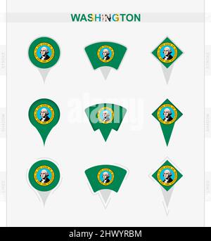 Drapeau de Washington, ensemble d'icônes d'épingles d'emplacement du drapeau de Washington. Illustration vectorielle des symboles nationaux. Illustration de Vecteur