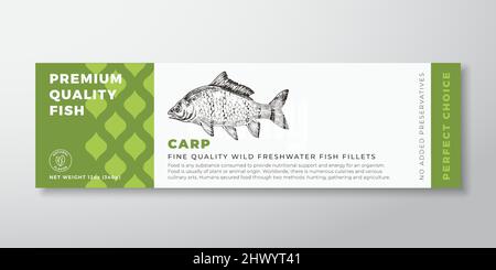 Miroir de qualité supérieure Carp Vector Packaging Label Design Typographie moderne et dessin à la main poisson d'eau douce Silhouette fruits de mer fond du produit Illustration de Vecteur