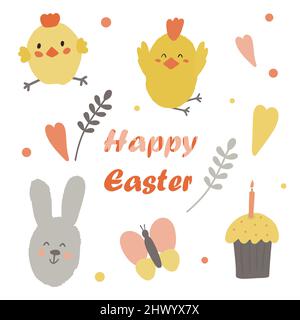 Set de Pâques avec gâteau de Pâques, poulets et un lapin. Vacances de Pâques. Créez une carte postale ou une invitation. Pour les autocollants ou les autocollants. Illustration plate. Illustration de Vecteur