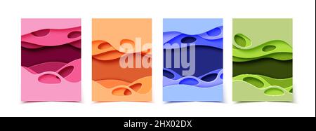 Jeu de quatre dépliants verticaux en papier découpé superposés avec trous. Modèle 3D bleu, vert, orange et rose pour affiches, brochures, présentations avec Illustration de Vecteur