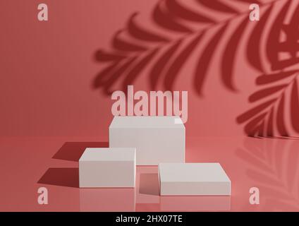 Trois podiums ou supports blancs sur fond rose pastel pour l'affichage du produit. Composition minimaliste en rouge pamplemousse discret pour la photographie de produit 3D maquette de rendu. Banque D'Images