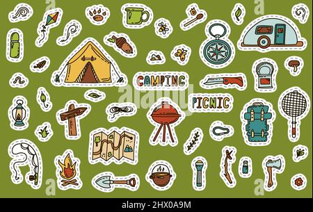 Ensemble de camping vecteur Big Doodle. Croquis de randonnée stickers.dessin à la main illustration pour pique-nique d'été dans la nature. Équipements de camping Illustration de Vecteur