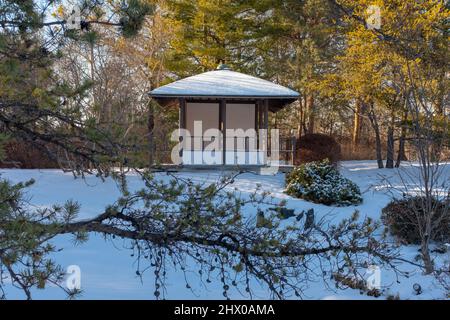 Un salon de thé japonais au jardin botanique de Montréal. Pris un jour d'hiver ensoleillé Banque D'Images