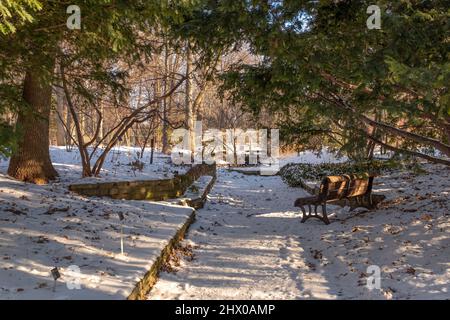 Un banc recouvert de neige dans le jardin botanique de Montréal, pris lors d'une journée d'hiver ensoleillée Banque D'Images