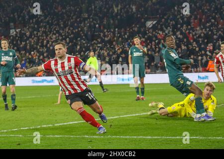 Sheffield, Royaume-Uni. 08th mars 2022. But Sheffield United lors du match de championnat EFL Sky Bet entre Sheffield Utd et Middlesbrough à Bramall Lane, Sheffield, Angleterre, le 8 mars 2022. Photo de Simon Hall. Utilisation éditoriale uniquement, licence requise pour une utilisation commerciale. Aucune utilisation dans les Paris, les jeux ou les publications d'un seul club/ligue/joueur. Crédit : UK Sports pics Ltd/Alay Live News Banque D'Images