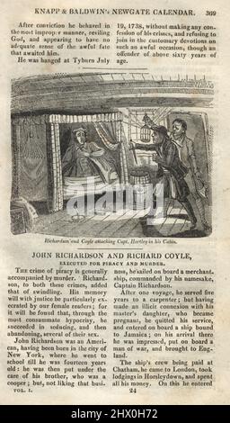 Page du calendrier Newgate, Pirates John Richardson et Richard Coyle attaquent le capitaine Benjamin Hartley dans sa cabine, 18th siècle Banque D'Images