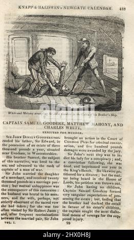 Page du Calendrier Newgate, White et Mahony qui étranglent Sir John Goodere dans la cabine du navire de son frère, crime du 18th siècle Banque D'Images