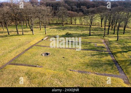 Vue aérienne du fort romain de Bar Hill sur le mur Antonine, le plus haut fort romain d'Écosse. Banque D'Images