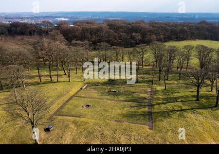 Vue aérienne du fort romain de Bar Hill sur le mur Antonine, le plus haut fort romain d'Écosse. Banque D'Images