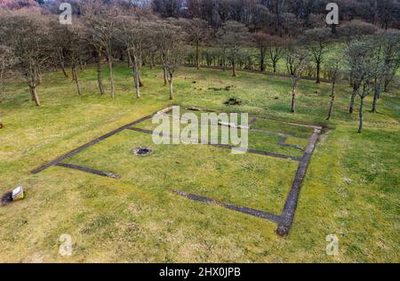 Vue aérienne du fort romain de Bar Hill sur le mur Antonine, le plus haut fort romain d'Écosse. Banque D'Images