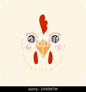 Mignon poule portrait carré sourire tête dessin animé forme ronde visage animal, isolé oiseau avatar mascotte illustration de vecteur icône. Plat simple dessiné à la main pour enfants affiche, cartes, t-shirts, vêtements de bébé Illustration de Vecteur