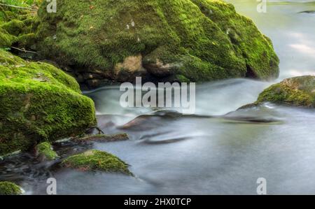 Vue abstraite des cascades d'eau avec flou de mouvement à une série de cascades et cascades spectaculaires, le long d'une section de la rivière Fowey, une visite populaire Banque D'Images