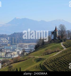 Vue depuis le téléphérique du Mont Pilatus vers le Mont Rigi. Château de Schauensee. Banque D'Images