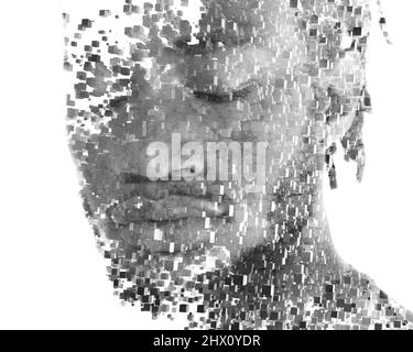 Portrait dramatique d'un jeune homme noir combiné à des graphiques d'ordinateur Banque D'Images