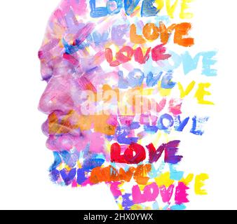 Peinture. Plusieurs mots peints à la main combinés à un portrait d'un homme Banque D'Images