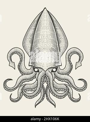 illustration vecteur vintage squid avec style de gravure Illustration de Vecteur