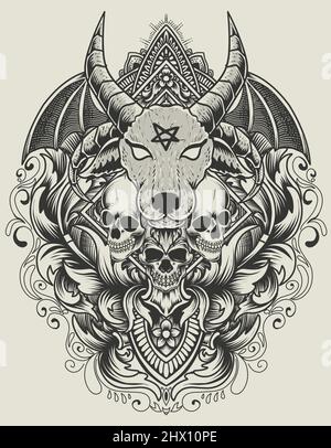 illustration vecteur tête de baphomet avec crâne sur gravure déco vintage Illustration de Vecteur