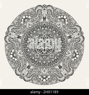 Mandala circulaire élégante avec crâne de chèvre sur fond blanc Illustration de Vecteur