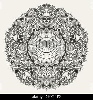 Élégant cercle mandala avec crâne et yeux illuminati sur fond blanc Illustration de Vecteur