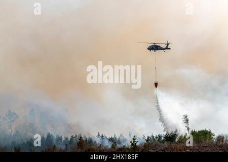 LES équipes D'hélicoptères UH-60 Blackhawk et CH-47 Chinook de la Garde nationale de Floride appuient les efforts de suppression des incendies de forêt dans le comté de Bay, FL, le 7 mars 2022. La Garde nationale de Floride travaille en étroite collaboration avec des partenaires locaux et d'État pour contenir les feux du complexe Chipola dans plusieurs comtés du panhandle de Floride. (É.-U. Photo de la Force aérienne par le Sgt. Christopher Milbrodt, libéré.) Banque D'Images